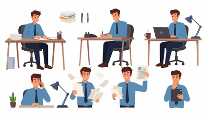 Businessman working at office desk set with various poses and activities.