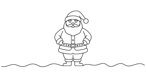 Cute cartoon illustration of santa claus standing and smiling in a simple line art style, isolated on a white background with wavy lines below. Vector, illustration