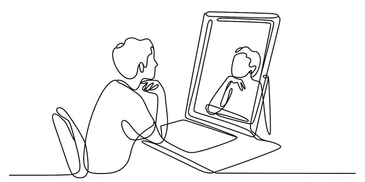 Continuous line drawing of a person contemplating their reflection in a mirror, symbolizing self-awareness, introspection, and personal growth. Vector, illustration
