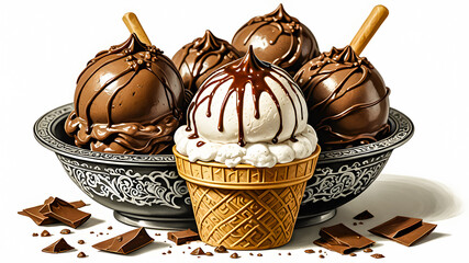 creative concept of waffle cone with vanilla chocolate ice cream, isolated on white background	
