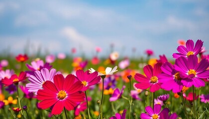 Fototapeta premium Vibrant cosmos flowers in a field, showcasing a rainbow of colors, texture, photography