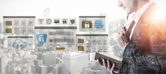 Secure login and file management interface with folder, password, and encryption icons for cybersecurity visualization Parse
