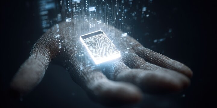 Hand holds digital device showing fingerprint while data surrounds - Powered by Adobe