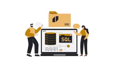 Men and Women are showing SQL database developer programmer on laptop.