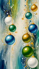 Christmas balls on a Christmas tree branch.blue gold Christmas background	