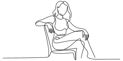 Continuous one line drawing of a confident woman sitting elegantly in a chair, minimalist art style, female silhouette, simple linear artwork. Vector, illustration