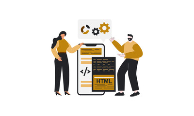 Two developer discuss about application development. Language programmer html and web application