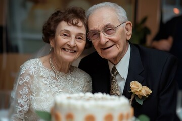 Senior couple celebrating wedding anniversary, smiling at camera