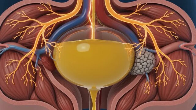 Human bladder anatomy illustration showing urinary system nerves and bladder stone formation detailed medical visualization for healthcare and educational use