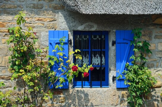 Ventana azul con rosas en una casa tradicional de tejado de paja en Kerasco&euml;t, Breta&ntilde;a, Francia
