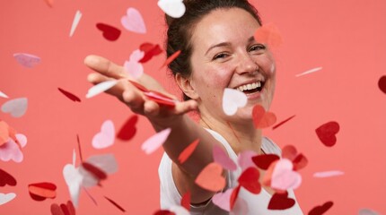 Smiling young woman reaching hand toward falling heart confetti on pink background