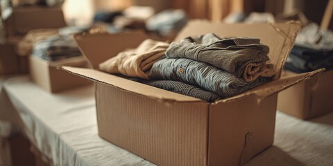 Folding and packing clothes in a cardboard box during an organization task in a shared space