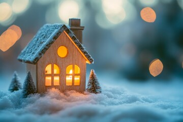 Fototapeta premium Miniature house glowing warm light in winter snow