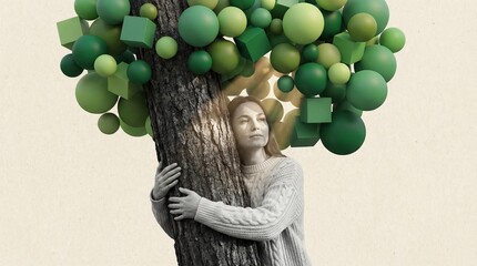 Woman hugging tree with green spheres and cubes for National Hug Day concept