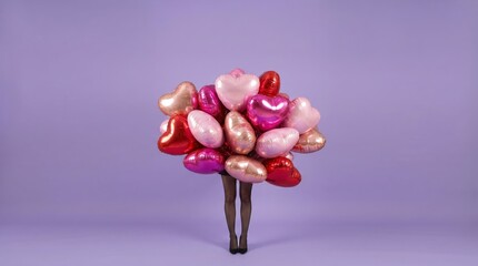 Woman legs in black tights standing behind large bunch of heart balloons on purple background