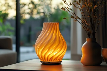 Essential oil diffuser lamp creating aromatic mist at home
