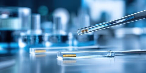 Scientific experiment taking place in a laboratory with pipettes and test tubes on a flat surface