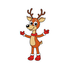 Cute cartoon reindeer wearing a scarf and mittens isolated on white background