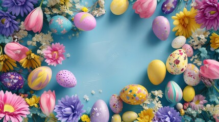 vibrant top-view Easter promotional layout of colorful Easter eggs, candies, flowers and festive decorations against blue background