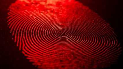 Vibrant red biometric fingerprint pattern glowing on a dark surface for security and identification technology