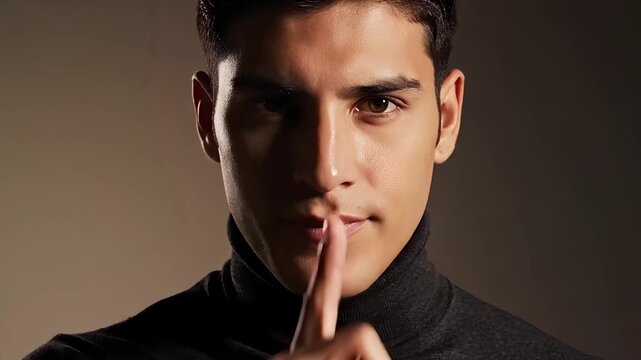 Mysterious man dark turtleneck finger lips silent gesture secret confidential intrigue suspense dark background dramatic lighting close up portrait