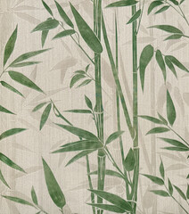 Graphic background of bamboo tree leaves in green and white color background. Chinese oriental vibes. For wall covering, wallpaper, fabric, and upholstery. Seamless background texture.