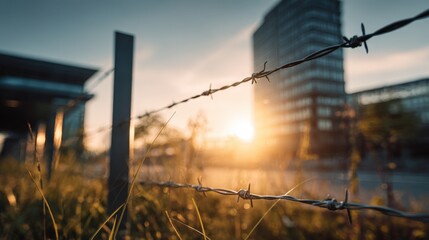 Medium shot of an electric smart fence system with visible highvoltage wires enhancing security perimeter around a modern industrial facility.