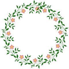 Naklejka premium Delicate pink floral wreath vector frame with green leaves on white background