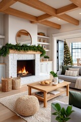 Obraz premium Cozy modern living room with fireplace, Christmas tree, greenery garland, and warm natural decor