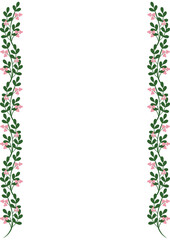 Delicate pink floral branches with dark green leaves forming a vertical border, perfect for invitations and greeting cards, vector.