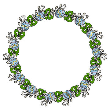 Whimsical vector Easter wreath with pussy willow branches, blue patterned eggs, and green bows, perfect for spring celebrations.