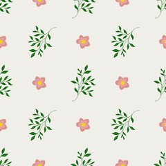 Delicate pink flowers and green foliage form a seamless vector pattern on a soft, Cloud Dancer background, evoking a gentle spring aesthetic.