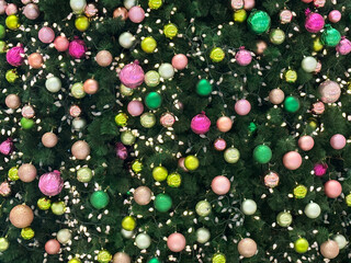 Close up christmas tree decoration of baubles in gold, silver, red, and green color. Beautiful christmas baubles decoration. Merry Christmas