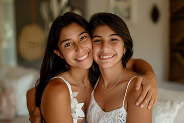 Latina mother hugging daughter, sitting on sofa at home, portrait