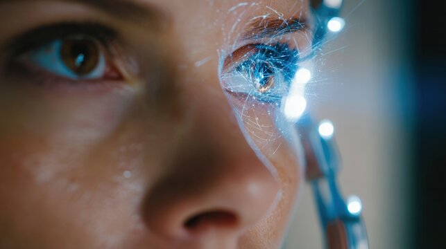 Medium shot capturing a user positioning their eye for an iris scan with futuristic biometric equipment. - Powered by Adobe