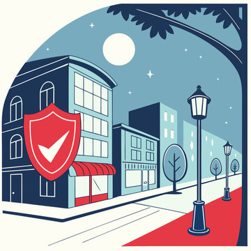 Stylized city street at night with illuminated buildings and security check mark symbol