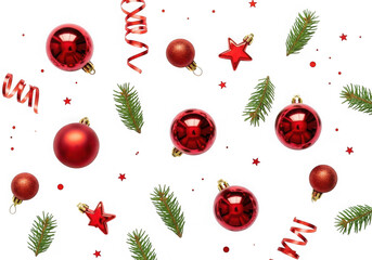 Christmas red ornaments and pine branches seamless pattern on transparent background