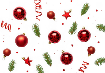 Christmas red ornaments and pine branches seamless pattern on transparent background
