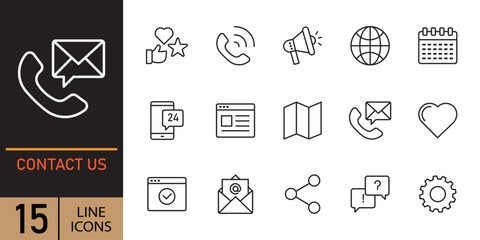 Contact us icons. Thin lines icons set for user interfaces. Collection of hand drawn outline icons representing contact information and communication methods. Collection communication and contact icon