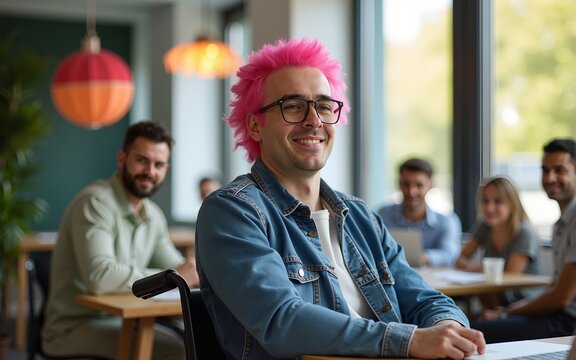 Gay employee with pink hair and in a wheelchair sits comfortably within an inclusive and diverse workspace during pride month. High quality