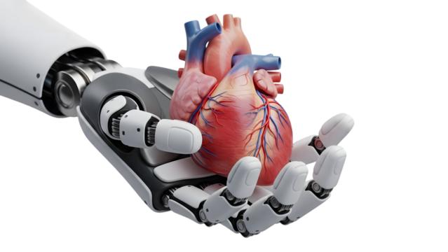 Robotic hand holding human heart symbolizing artificial intelligence isolated on transparent background - Powered by Adobe