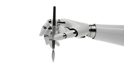 Robotic hand holding sword isolated on transparent background