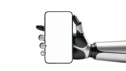 Robotic arm holding smartphone mockup isolated on transparent background