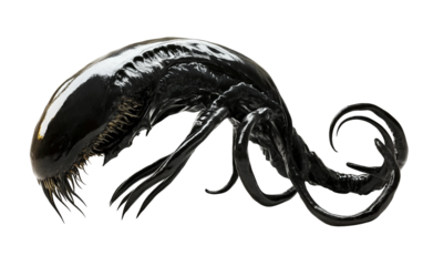 Alien parasite creature with glistening black body lurking in a dark futuristic sci fi environment