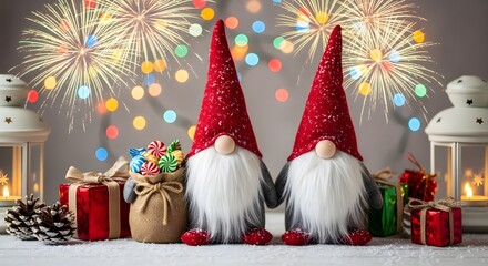 Red-hatted gnome figurines surrounded by wrapped gifts, candies, pinecones, and lanterns — set against a backdrop of fireworks and glowing bokeh lights for a cozy, celebratory holiday scene.
