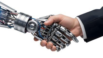 Robotic handshake between human and machine isolated on transparent background