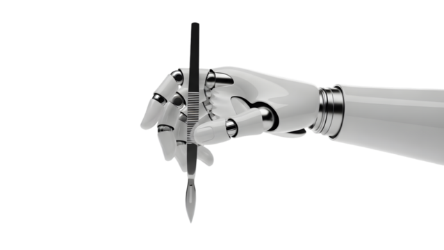 Robotic hand holding sword isolated on transparent background - Powered by Adobe