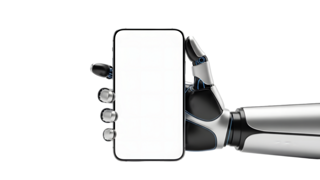 Robotic arm holding smartphone mockup isolated on transparent background - Powered by Adobe