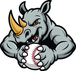 Strong Rhino Mascot Holding Baseball for Sport Team Logo