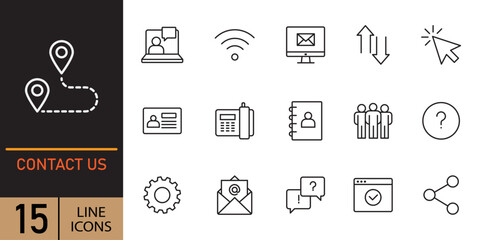Contact us icons. Thin lines icons set for user interfaces. Collection of hand drawn outline icons representing contact information and communication methods. Collection communication and contact icon